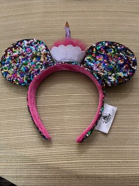 Disney Pink Sequin birthday cupcake Minnie Ears Headband